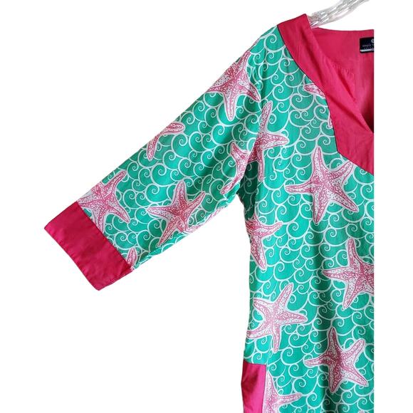 SIMPLY SOUTHERN Women's L Tunic Top Cover Up Starfish Pink Green 3/4 Sleeve 40" - Picture 4 of 7